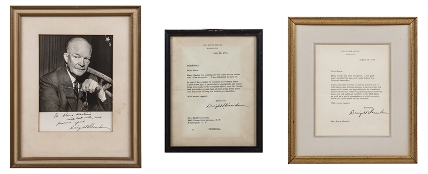 Lot of (3) Dwight Eisenhower Signed Items Including 8x10 Framed Photo and (2) Thank You Letters to White House Barber Steve Martini (Martini Family LOA & Beckett)